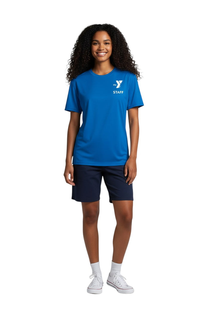 The Lifeguard Store blue polyester Dri-Fit t-shirt with white YMCA Staff logo on chest.
