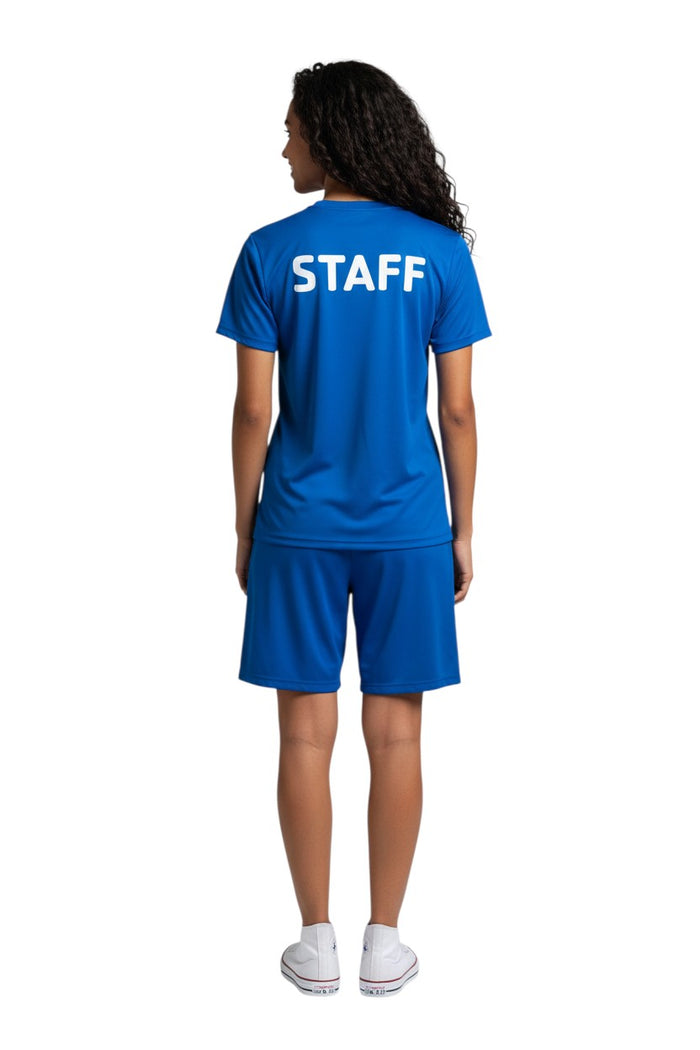 The Lifeguard Store blue polyester Dri-Fit t-shirt with white STAFF logo on back. Short sleeves, crew neck.