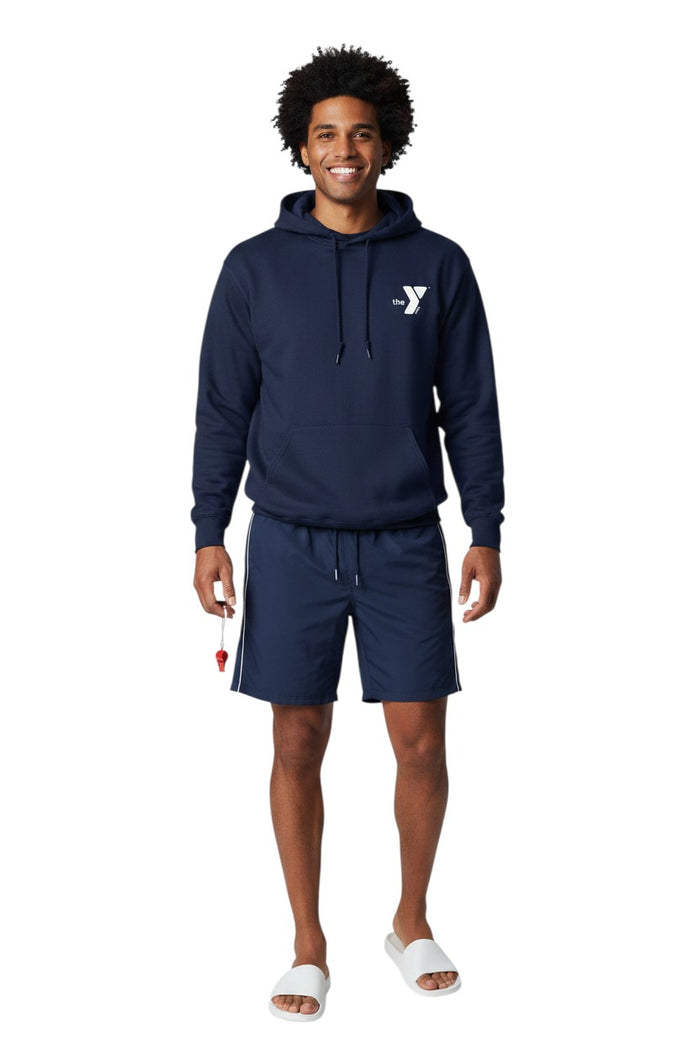 The Lifeguard Store navy blue cotton polyester blend hooded sweatshirt with YMCA logo and pouch pocket.