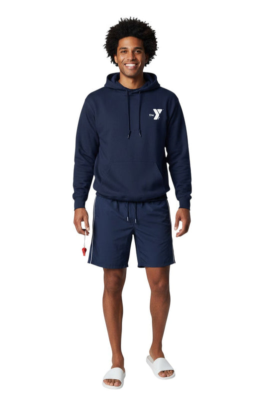 The Lifeguard Store navy blue cotton polyester blend hooded sweatshirt with YMCA logo and pouch pocket.