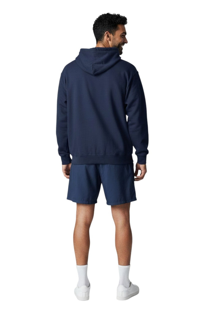The Lifeguard Store navy blue cotton polyester blend hooded sweatshirt with YMCA logo on back, pouch pocket, and drawstring.