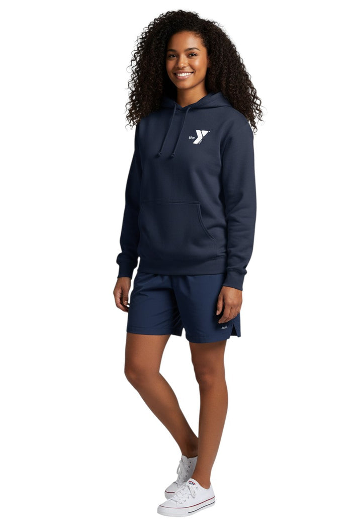 The Lifeguard Store navy blue cotton polyester blend YMCA logo hooded sweatshirt with pouch pocket and drawstring.