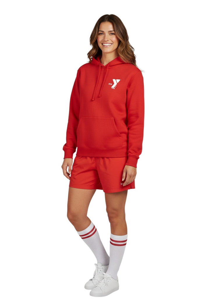 The Lifeguard Store red cotton polyester blend hooded sweatshirt with white YMCA logo on front and pouch pocket.