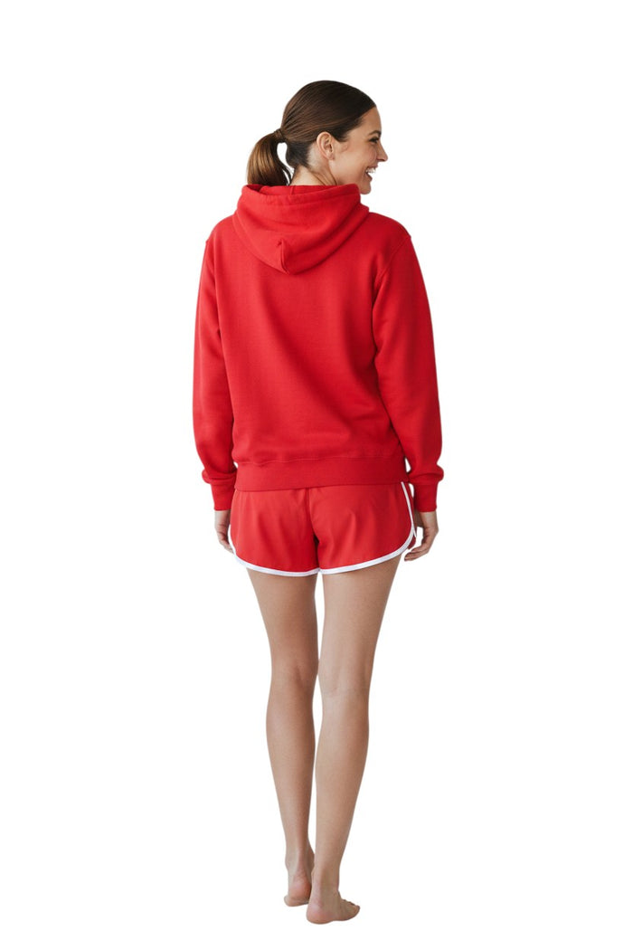 The Lifeguard Store red cotton-polyester blend hooded sweatshirt with white YMCA logo on chest and pouch pocket.